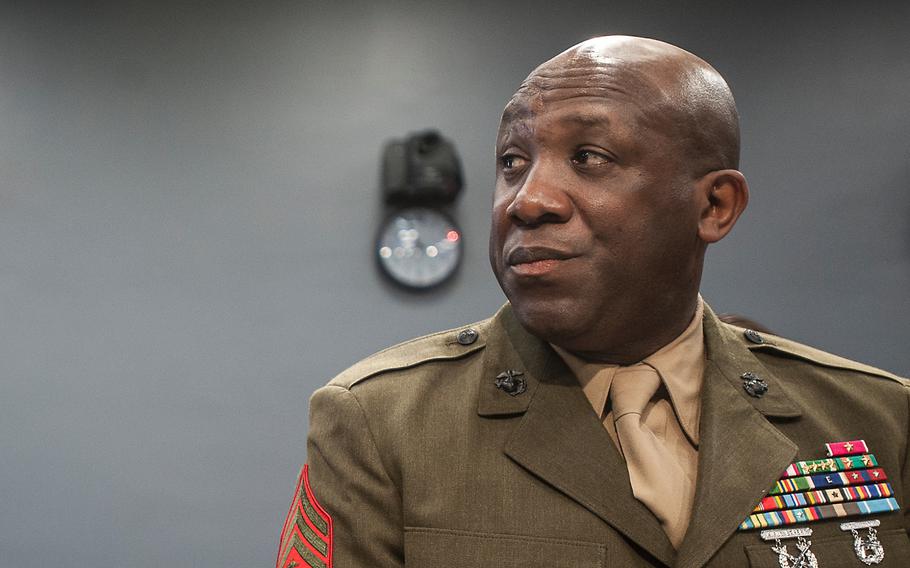 Sgt. Maj. of the Marine Corps Ronald Green attends a House Committee on Appropriations subcommittee hearing on Capitol Hill in Washington, D.C., on Wednesday, March 8, 2017. Green said the Marine Corps toned down its response to a nude photo-sharing scandal because in a previous scandal, a judge criticized former Commandant Gen. James Amos, now retired, for comments he made.