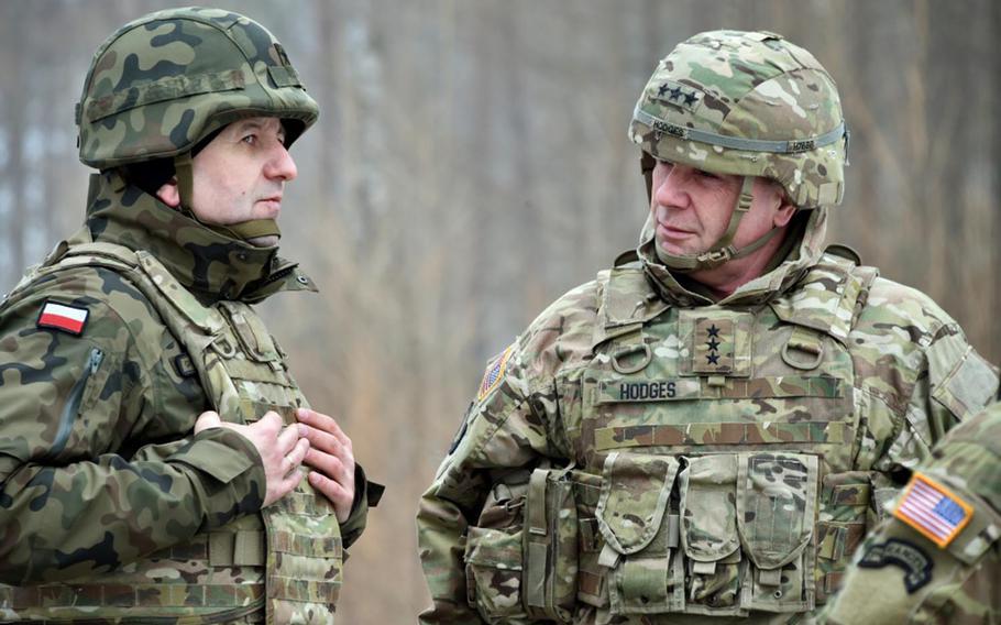 Brig. Gen. Jaroslaw Gromadzinski, left, commander of the 15th Mechanized Brigade (Poland), and Lt. Gen. Ben Hodges, commander of the U.S. Army Europe, attend a training exercise at Grafenwoehr Training Area, Germany, on Jan. 31, 2017. Hodges said there are no plans yet for a military expansion in Europe.
