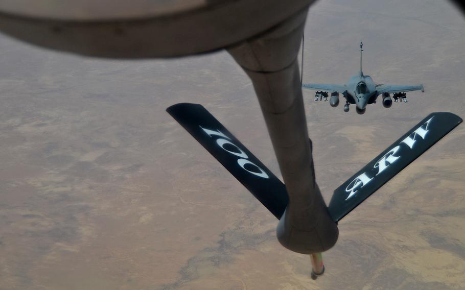 A French Dassault Rafale fighter aircraft flies toward a KC-135 Stratotanker assigned to RAF Mildenhall, England, during a refueling mission in support of Operation Juniper Micron over North Africa, Feb. 26, 2016.