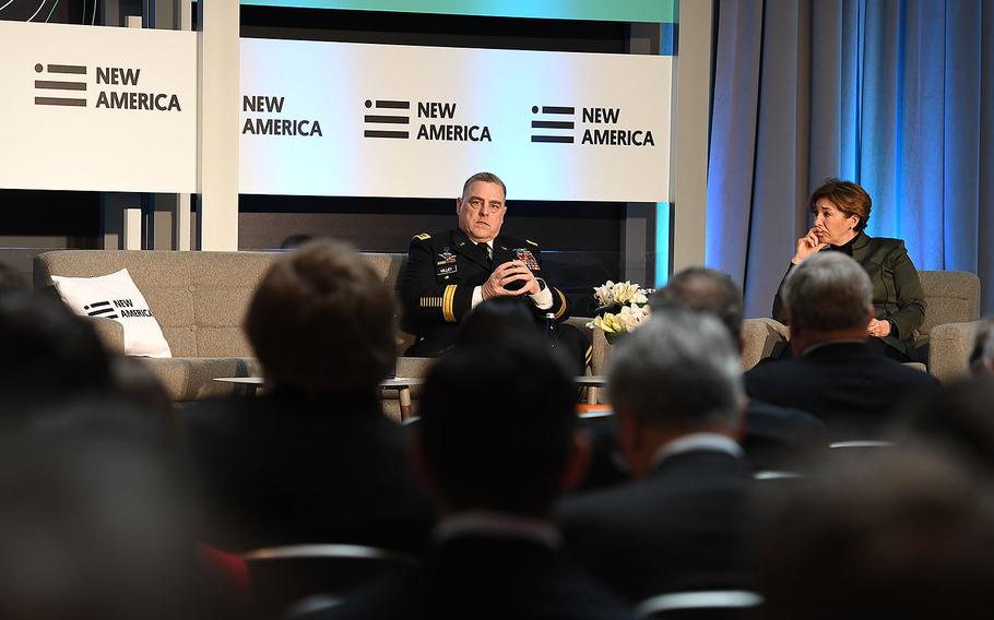 U.S. Army Chief of Staff Gen. Mark A. Milley addresses the New America Future of War Conference hosted by Ann-Marie Slaughter, in the Ronald Regan Building and International Trade Center, Washington, D.C., March 21, 2017. 