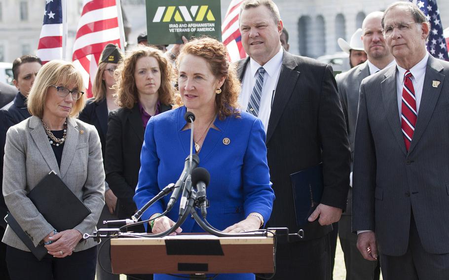 Rep. Elizabeth Esty, D-Conn., speaks at a Capitol Hill press conference on March 21, 2017. Behind her are, left to right, Sen. Maggie Hassan, D-N.H., Iraq And Afghanistan Veterans Of America Chief of Staff Allison Jaslow, Sen. Jon Tester, D-Mont., IAVA founder and CEO Paul Rieckhoff and Sen. John Boozman, R-Ark.