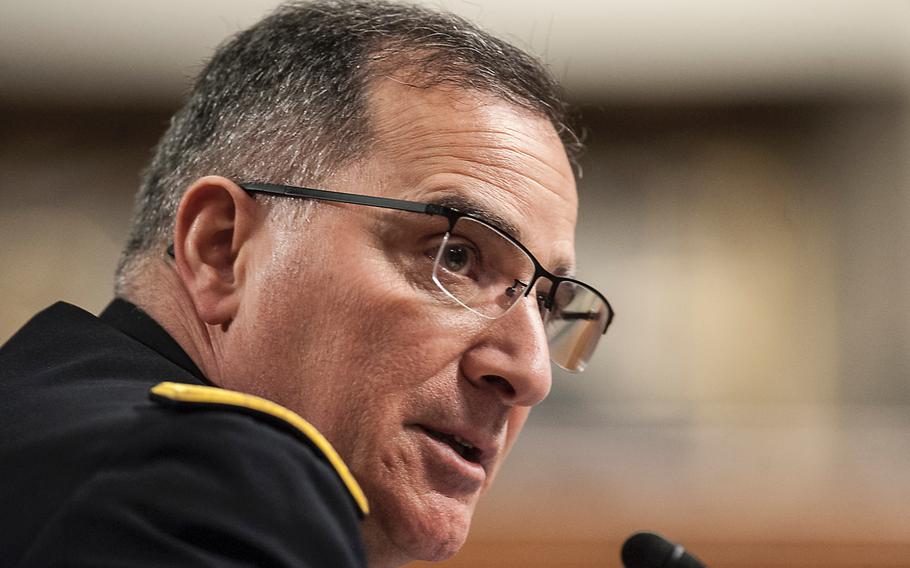 Commander of the U.S. European Command Army Gen. Curtis Scaparrotti testifies during a Senate Committee on Armed Services hearing on Capitol Hill on Thursday, March 23, 2017. In his prepared statement assessing the risks and challenges in the EUCOM theater, Scaparrotti noted that "Russia has repeatedly violated international agreements and treaties that underpin European peace and stability."