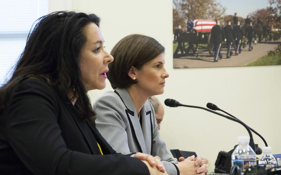 Karen Durham-Aguilera, executive director of Army National Military Cemeteries, left, and Katharine Kelley, superintendent of Arlington National Cemetery, testify at a Senate Appropriations Committee military construction, VA and related agencies subcommittee hearing at the cemetery's visitors center, March 29, 2017.