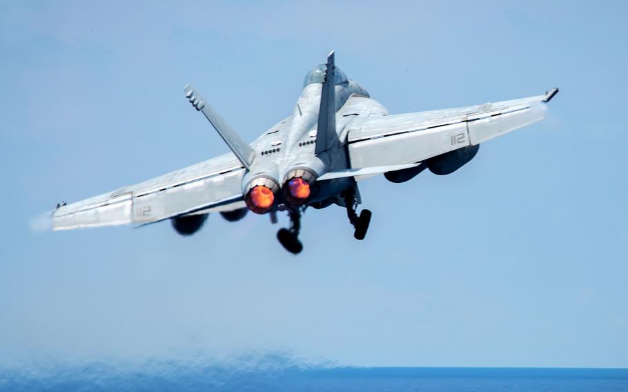 An F/A-18 Super Hornet from the Strike Fighter Squadron 2 launches from the aircraft carrier USS Carl Vinson (CVN 70) flight deck on April 10, 2017. Boeing was cited by the Pentagon for continuing quality, management and other deficiencies first issued more than two years ago, including problems related to production of its flagship F/A-18 and F-15 jets, according to documents and officials.