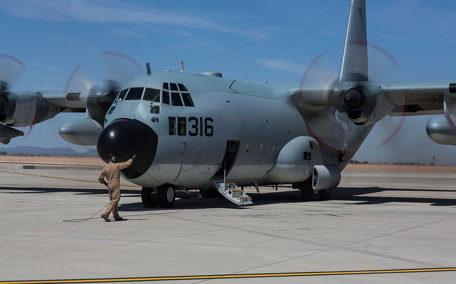 A U.S. Marine Corps KC-130T aircraft prepares to taxi in Yuma, Arizona on April 11, 2015.