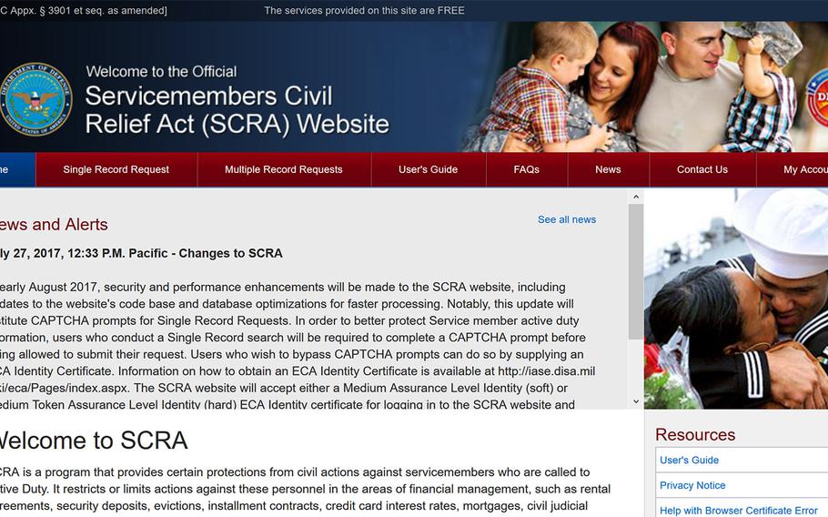 A screen capture of the Servicemembers Civil Relief Act website.