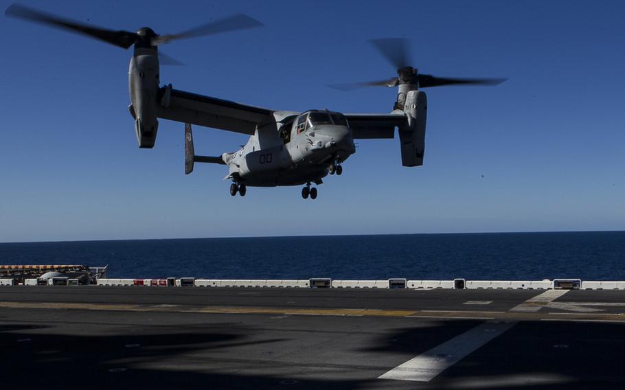 An MV-22B Osprey tiltrotor aircraft belonging to Marine Medium Tiltrotor Squadron 265 (Reinforced), 31st Marine Expeditionary Unit, approaches to land aboard the USS Bonhomme Richard off the coast of Queensland, Australia, Aug. 8, 2017.