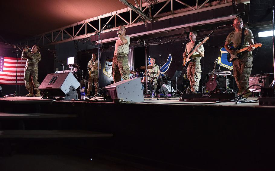 U.S. Air Forces Central Command band Starlifter performs  for Airmen of the 380th Air Expeditionary Wing at Al Dhafra Air Base, United Arab Emirates, July 26, 2017.