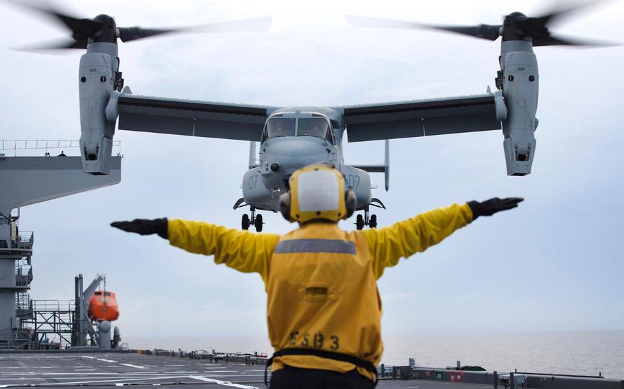 An MV-22 Osprey prepares to land aboard the USNS Lewis B. Puller, on July 5, 2017. The Marine Corps announced Friday, Aug. 11, that all its aviation units must cease flying for a 24-hour period within the next two weeks to review safety procedures, following two recent crashes that killed 19 servicemembers.