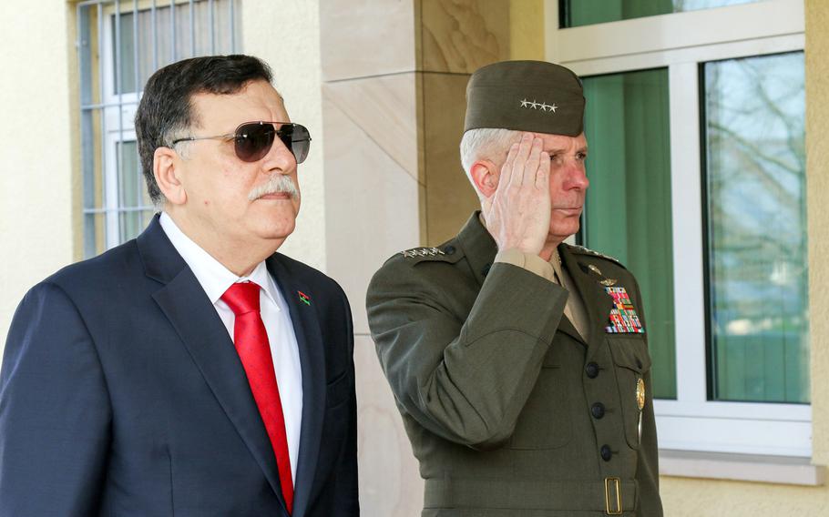 The prime minister of Libya's unity government, Fayez al-Sarraj, met with Gen. Thomas D. Waldhauser, commander, U.S. Africa Command, at the command's headquarters in Stuttgart, Germany, Wednesday, April 5, 2017. Al-Sarraj's Western-backed government faces a growing challenge from strongman Kalifa Haftar, who is meeting with Russian leaders in Moscow.



