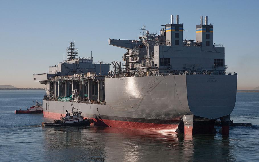 The mobile landing platform Lewis B. Puller (T-MLP-3/T-AFSB-1) successfully completed launch and float-off at the General Dynamics National Steel and Shipbuilding Co. shipyard.