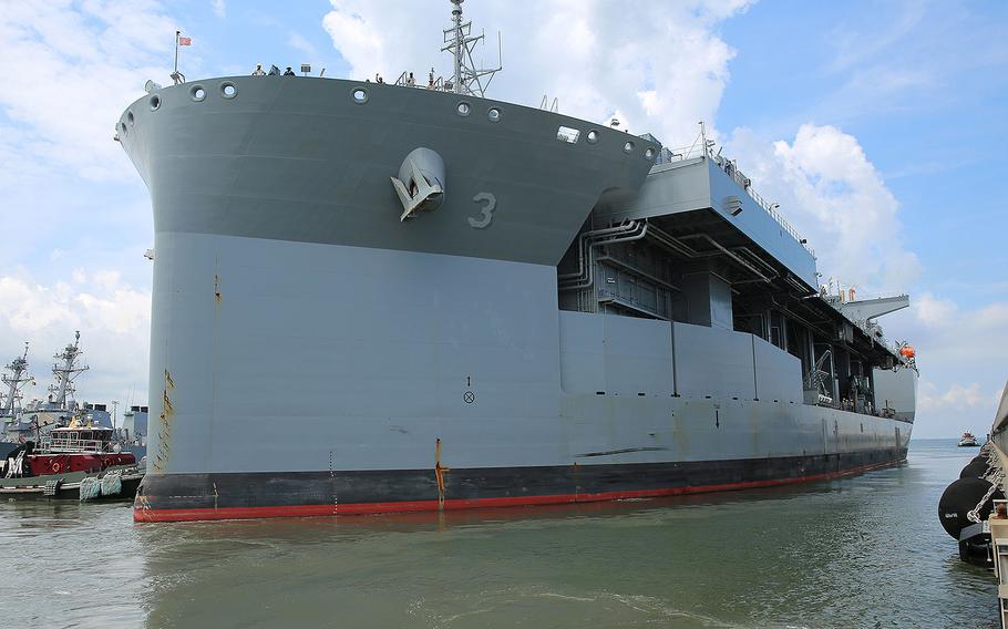 The expeditionary mobile base USNS Lewis B. Puller (T-ESB 3) gets underway from Naval Station Norfolk to begin its first operational deployment, July 10, 2017.