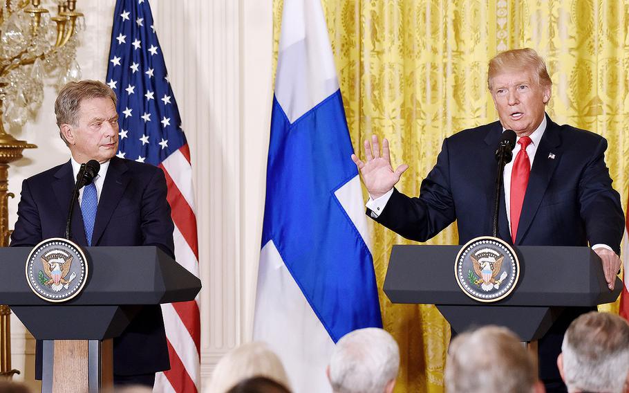 President Donald Trump holds a joint press conference with President Sauli Niinisto of Finland in the East Room of the White House on Aug. 28, 2017 in Washington, D.C. 