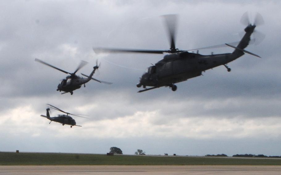 Three HH-60 Pavehawk Helicopters from the New York Air National Guard's 106th Rescue Wing, carrying pararescuemen take off from Fort Hood, Texas, on Aug. 28, 2017, heading for Houston as part of the Hurricane Harvey response effort. 