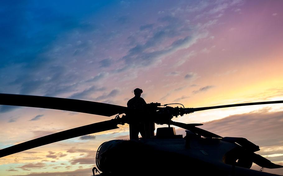 Staff Sgt. Sean O’Neill, 41st Helicopter Maintenance Unit maintainer, checks the rotor blades of an HH-60J Pave Hawk, Aug. 28, 2017, at Easterwood Airport in College Station, Texas. The 347th Rescue Group from Moody Air Force Base, Ga. sent aircraft and personnel in support of FEMA's disaster response efforts.