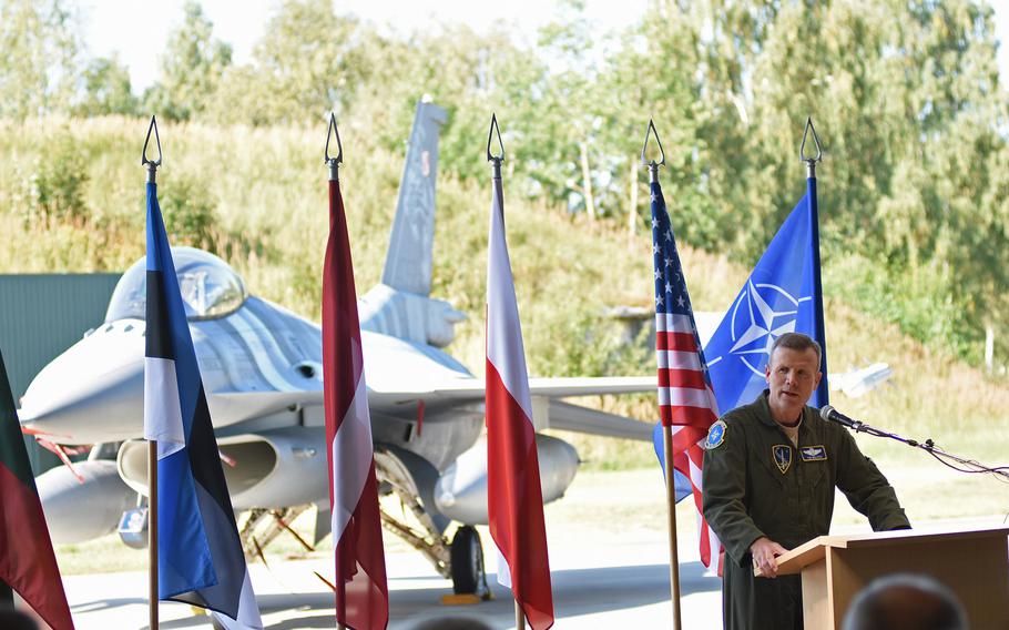 Gen. Tod D. Wolters, U.S. Air Forces in Europe - Air Forces Africa and NATO Allied Air Command commander, speaks at a ceremony on Wednesday, Aug. 30, 2017, marking the transfer of the control of the Baltic air policing to the U.S. Air Force.
