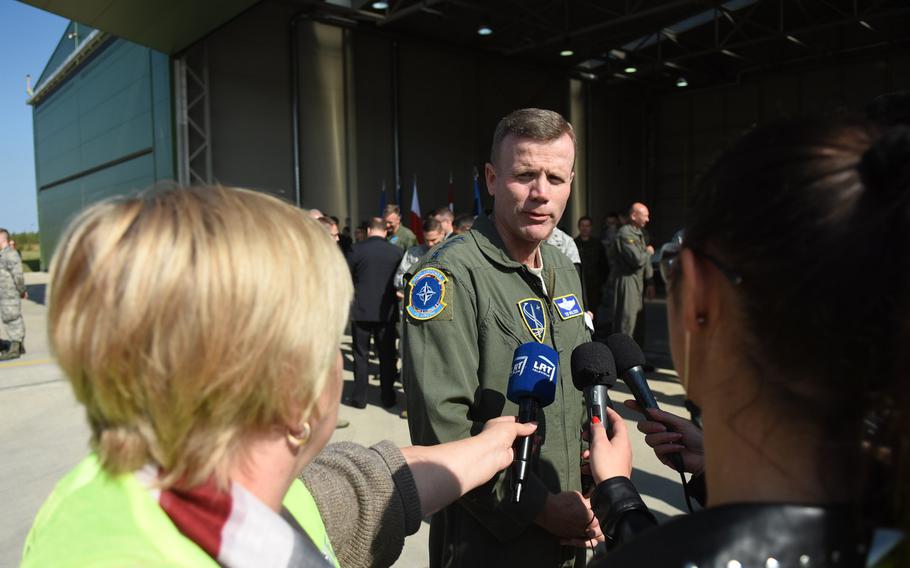 Gen. Tod D. Wolters, U.S. Air Forces in Europe - Air Forces Africa and NATO Air Allied Command commander, speaks to reporters on Wednesday, Aug. 30, 2017, at Siauliai Air Base, Lithuania.

