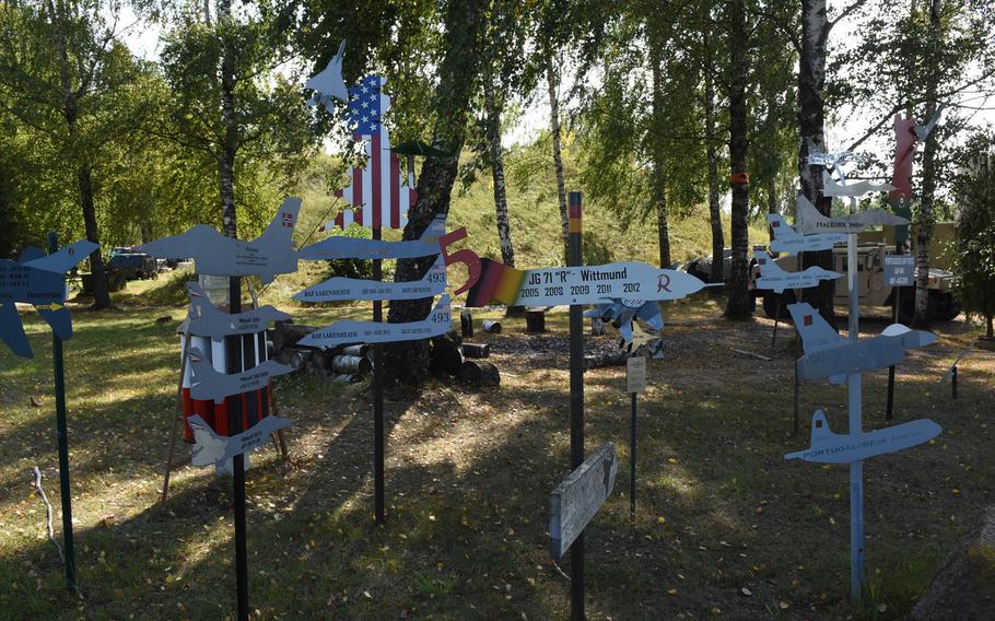 Squadrons of nations participating in the Baltic air policing mission display their part in the campaign with miniature aircraft signage at Siauliai Air Base, Lithuania.

