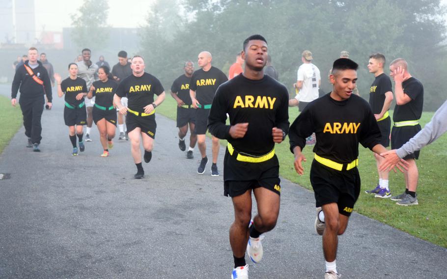 U.S. Army soldiers run together during the U.S. Army Garrison 9/11 Freedom Run in Grafenwoehr, Germany, Monday, Sept. 11, 2017.

Martin Egnash/Stars and Stripes