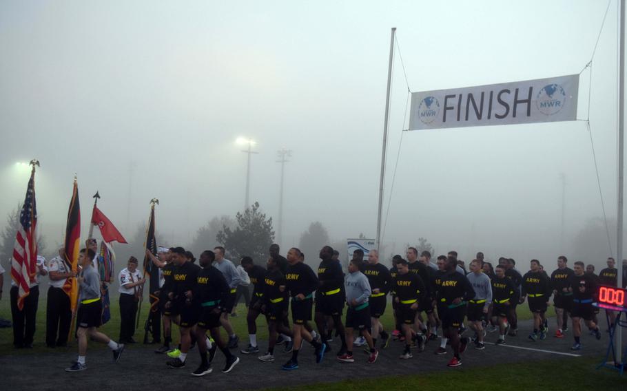 U.S. Army soldiers running in formation during the U.S. Army Garriison Bavaria 9/11 Freedom Run in Grafenwoehr, Germany, Monday, Sept. 11, 2017.

Martin Egnash/Stars and Stripes