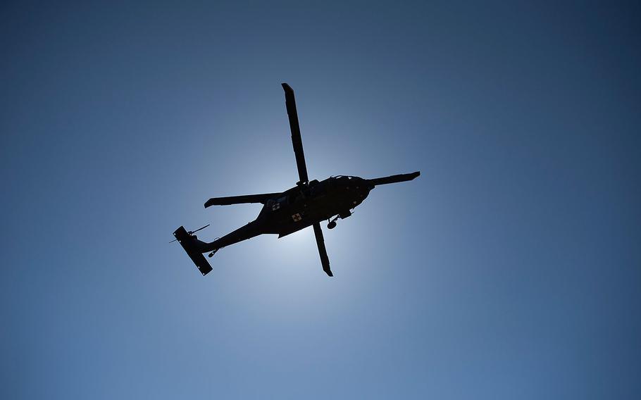 A U.S. Army HH-60M Black Hawk flies above Jericho, Vermont on April 14, 2016.