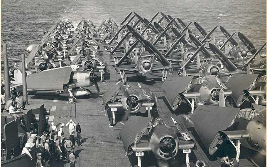 F4U Corsair fighter-bombers aboard the USS Intrepid in Naval Air Station Norfolk, Virginia; date unknown.