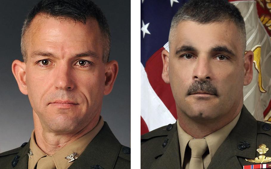 Col. Morgan Mann, left, commander of the 25th Marine Regiment, and Sgt. Maj. James Boutin, the regimental inspector-instructor, have been relieved of command.
