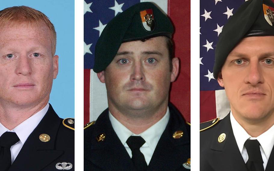 Staff Sgts. Jeremiah W. Johnson, from left, Dustin M. Wright and Bryan C. Black died of wounds suffered in a surprise attack in the southwestern part of Niger on Wednesday.