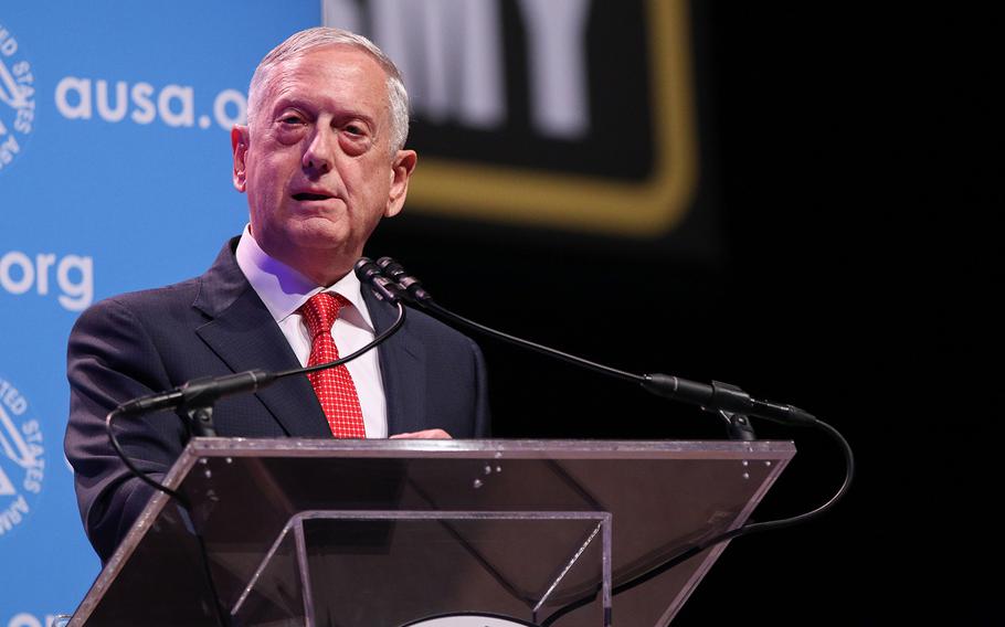 Defense Secretary Jim Mattis addresses the crowd at the opening ceremony of the 2017 Association of the U.S. Army Meeting and Exposition held in Washington, D.C., on Oct. 9, 2017.