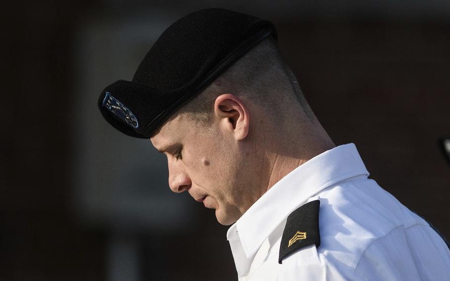 Army Sgt. Bowe Bergdahl arrives for a motions hearing on Sept. 27, 2017, in Fort Bragg, N.C.