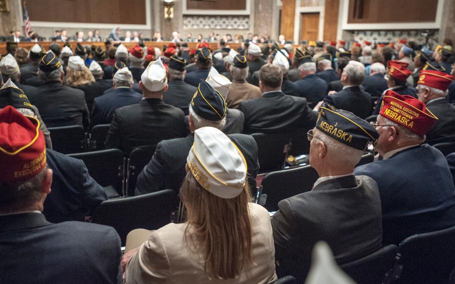Veterans attend a presentation at the Capitol in Washington, D.C., on March 1, 2017, as lawmakers heard from American Legion representatives about veterans' issues. 