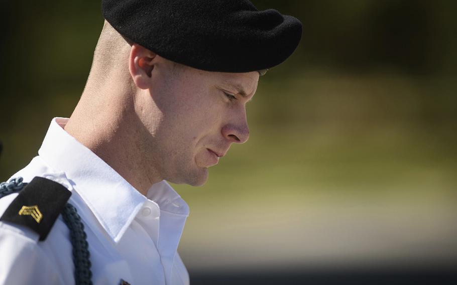 Army Sgt. Bowe Bergdahl leaves a motions hearing during a lunch break in Fort Bragg, N.C., on Sept. 27, 2017.