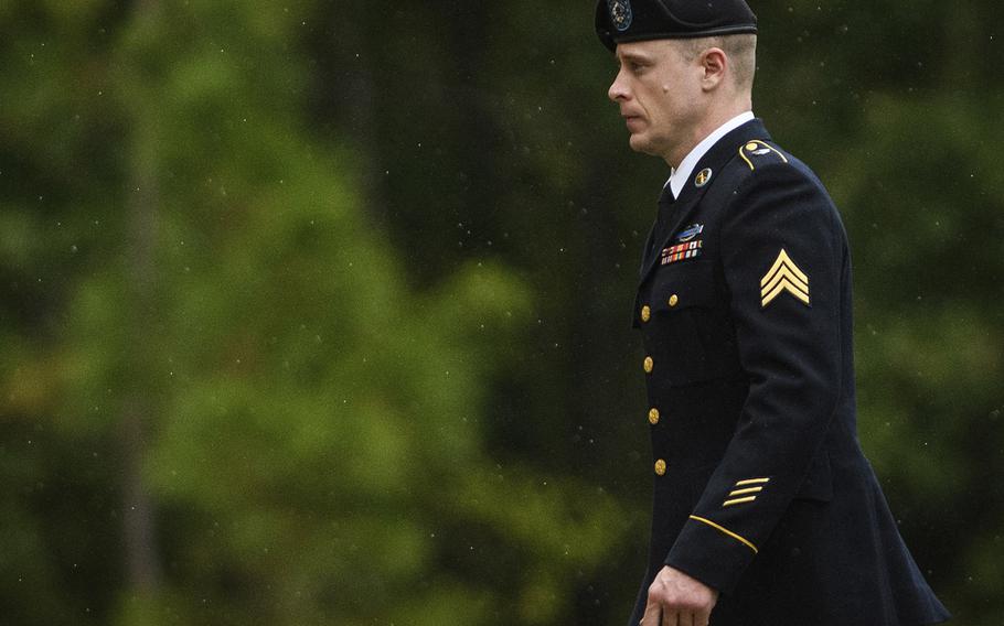 Sgt. Bowe Bergdahl returns to the Fort Bragg courthouse after a lunch break on Monday, Oct. 16, 2017, on Fort Bragg, N.C.