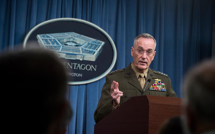 Chairman of the Joint Chiefs of Staff U.S. Marine Corps Gen. Joe Dunford speaks with media about recent military operations in Niger during a briefing Oct. 23, 2017, at the Pentagon in Washington, D.C.