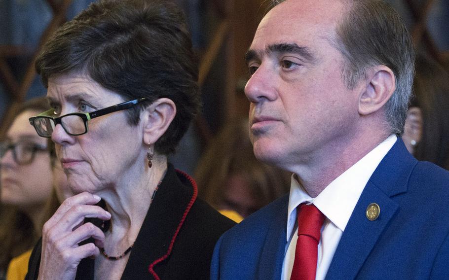 VA Secretary David Shulkin and Veterans Health Administration Executive in Charge Carolyn Clancy listen to testimony during a House Veterans' Affairs Committee hearing on Capitol Hill, Oct. 24, 2017.