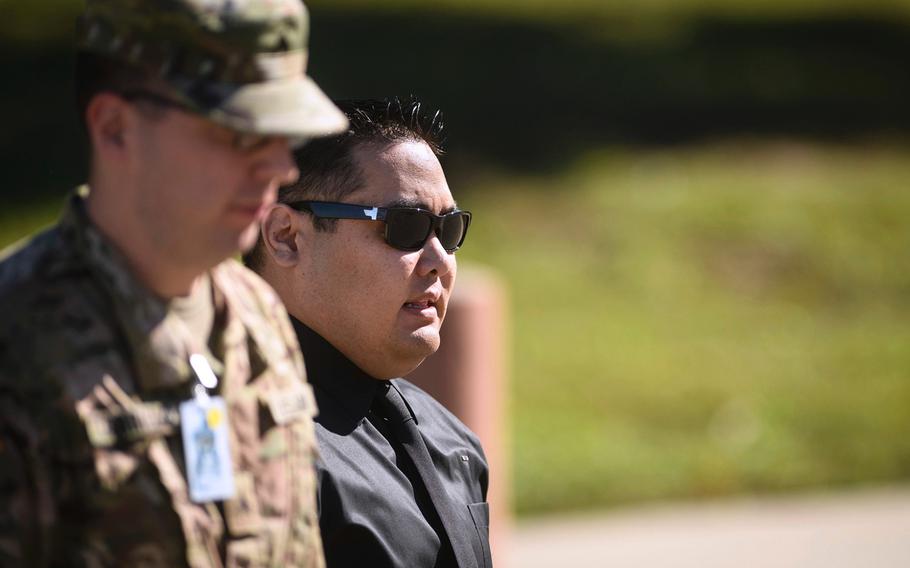 Former Army Cpl. Jonathan Morita leaves the Fort Bragg courthouse after testifying at a sentencing hearing for Sgt. Bowe Bergdahl on Thursday, Oct. 26, 2017, at Fort Bragg, N.C.