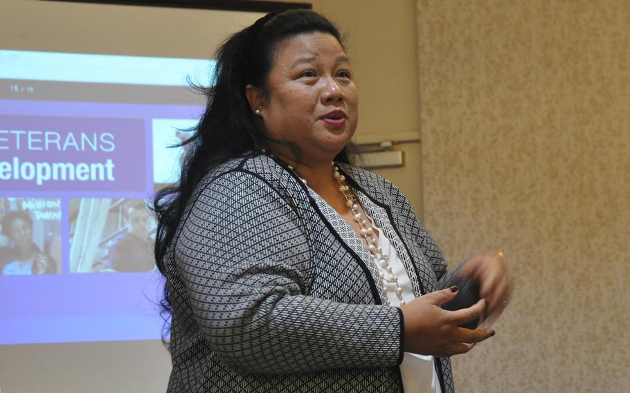 Sue Hoppin, founder and president of National Military Spouse Network, speaks during a conference on military spouse professional development she ran in Springfield, Virginia on Oct. 13. 