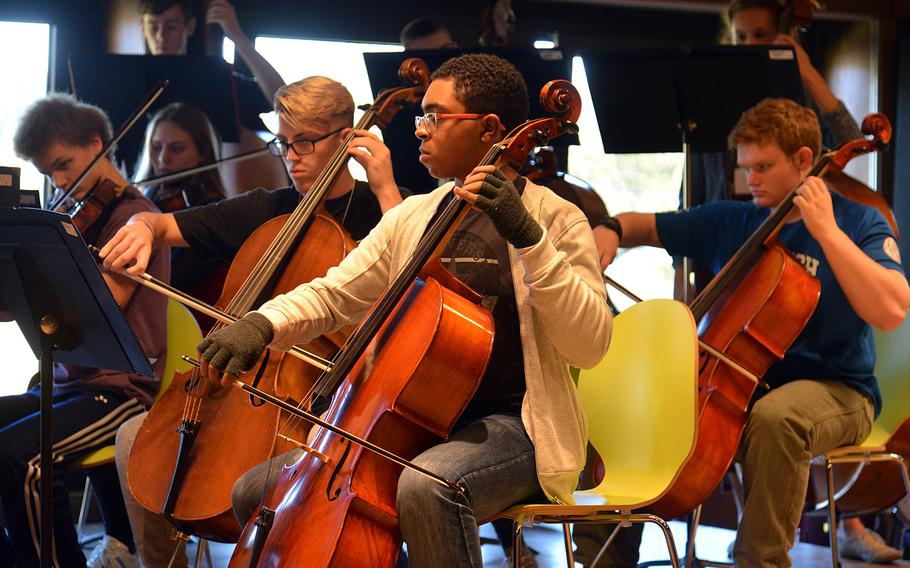 The cellos of the strings workshop rehearse a number at DODEA-Europe's Creative Connections, Wednesday, Nov. 1, 2017. This year's event featured 11 workshops, five in the performing arts and six in the visual arts.

