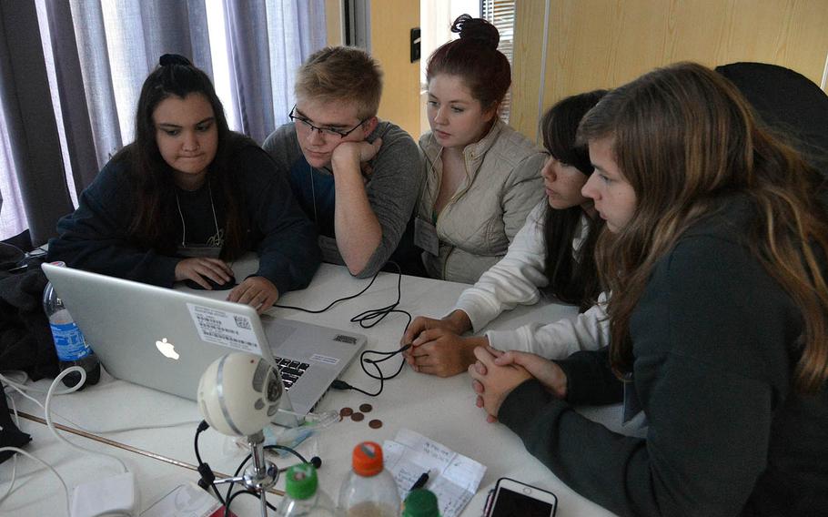 In the video production workshop at this year's Creative Connections, Aneesa Coomer of Ramstein, Jackson Miller of Stuttgart, Kayla Grooms of Ramstein and Ankara's Katherine Rook and Kincso Bertalan look over the editing of one of their videos, Wednesday, Nov. 1, 2017.