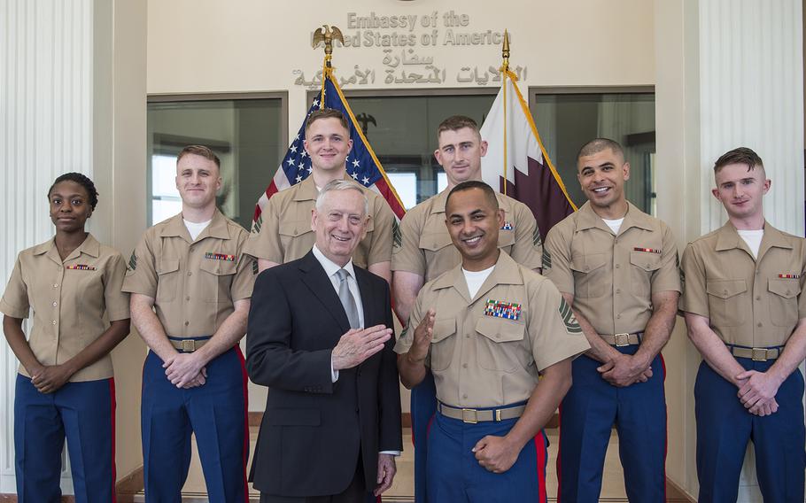 Secretary of Defense Jim Mattis meets with U.S. Marines at the U.S. Embassy in Doha, Qatar, April 22, 2017. A Defense Department official said Thursday, Dec. 7, that Marine units are ready to protect American embassies and consulates around the world, as the United States' decision to recognize Jerusalem as the capital of Israel is expected to stir unrest.