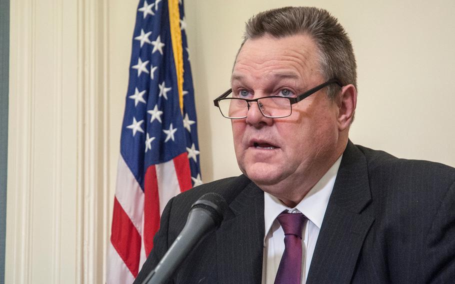 Sen. Jon Tester, D-Mont. attends a briefing at the Capitol in Washington, D.C., on Dec. 6, 2017. Tester urged Congress on Wednesday, Dec. 13, to lift spending caps and fully fund the Department of Veterans Affairs.