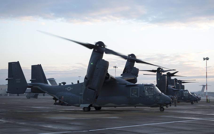 A CV-22 Osprey taxis prior to takeoff Jan. 17, 2017, on RAF Mildenhall, England. The U.S. Air Force said it is assessing the damage after a British man stormed the airfield in his vehicle and cruised across base with military security personnel in pursuit.