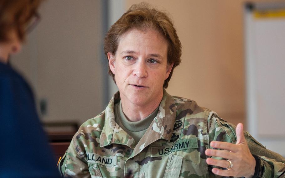 Brig. Gen. Diana Holland explains how the Army Corps of Engineers is backing the Federal Emergency Management Agency in its recovery efforts in Puerto Rico on Nov. 10, 2017, nearly two months after Hurricane Maria devastated the island.  “There is a long way to go,” Holland said of the recovery efforts on Wednesday Dec. 20, 2017.