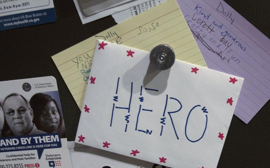 Army veteran Dolly Murphy keeps a note on her refrigerator at her home in West Jordan, Utah, from a high school student thanking her for her service, along with information about the veterans crisis hotline. Murphy struggled with suicidal thoughts, military sexual trauma and post-traumatic stress disorder following her seven years of military service in the 1980s. 