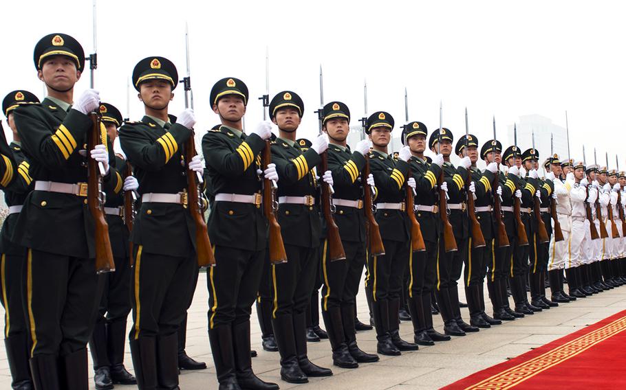 Members of a Chinese honor guard welcome dignitaries during a ceremony in Beijing on April 20, 2013. During a House hearing on Capitol Hill in Washington on Tuesday, Jan. 9, 2018, witnesses expressed concerns that the United States may be lagging behind China in developing new technologies.