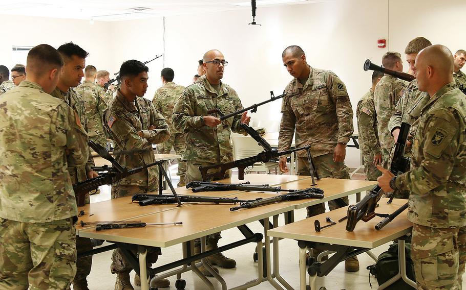 Soldiers from Task Force 1st Battalion, 28th Infantry Regiment conduct a foreign weapons training October 25, 2017 at Ft. Benning, Ga. TF 1-28 Soldiers are attached to 1st Security Force Assistance Brigade as a security element to advisors enabling advisory teams to focus on supporting their foreign security force partners. 