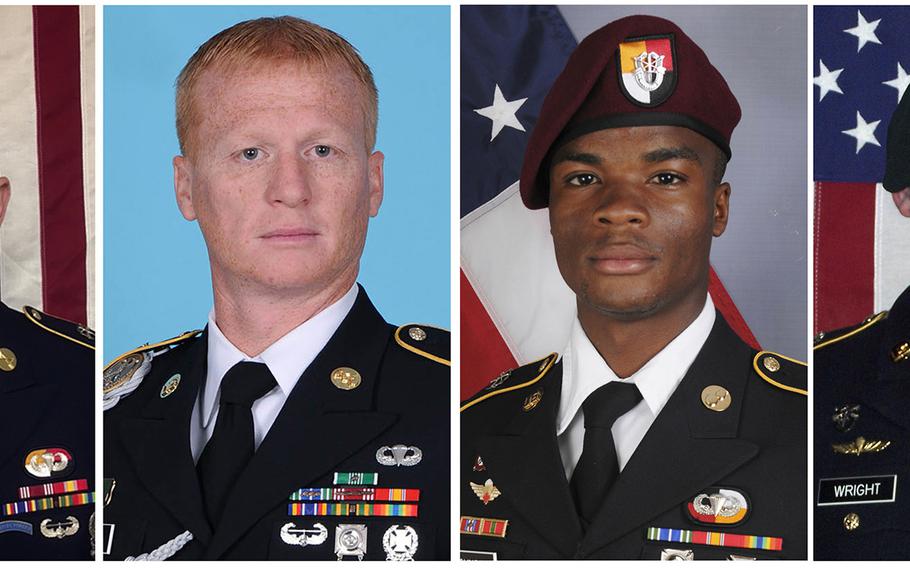 From left, Staff Sgt. Bryan C. Black, 35, of Puyallup, Wash.; Staff Sgt. Jeremiah W. Johnson, 39, of Springboro, Ohio; Sgt. La David Johnson of Miami Gardens, Fla.; and Staff Sgt. Dustin M. Wright, 29, of Lyons, Ga. All four were killed in Niger, when a joint patrol of American and Niger forces was ambushed on Oct. 4, 2017,  by militants believed linked to the Islamic State group.