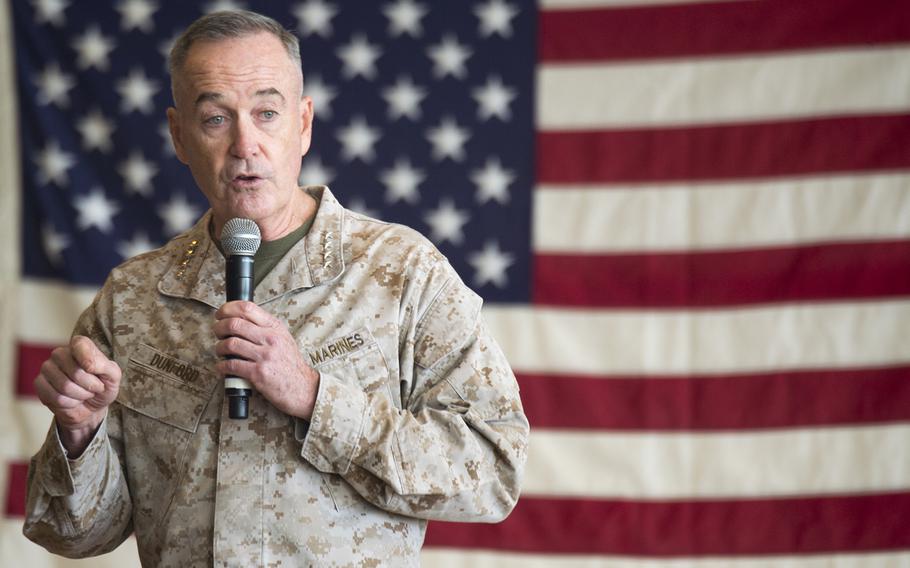 Gen. Joe Dunford, chairman of the Joint Chiefs of Staff, speaks to servicemembers in December during a NATO meeting on Tuesday, Jan. 16, 2018, Dunford argued for a continued use of rotational U.S. forces in Europe.



