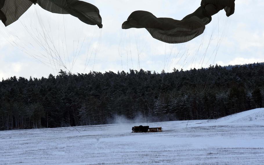 An M777 155mm Howitzer hitting the ground after a "heavy drop" during an exercise at Grafenwoehr, Germany, Wednesday, Jan. 17, 2018. 
