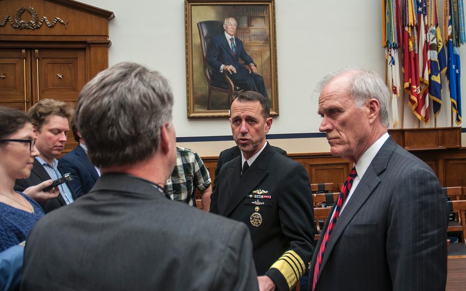 Chief of Naval Operations Adm. John Richardson, left, and Secretary of the Navy Richard Spencer answer questions after a House Committee on Armed Services hearing on Capitol Hill in Washington, D.C., on Thursday, Jan. 18.